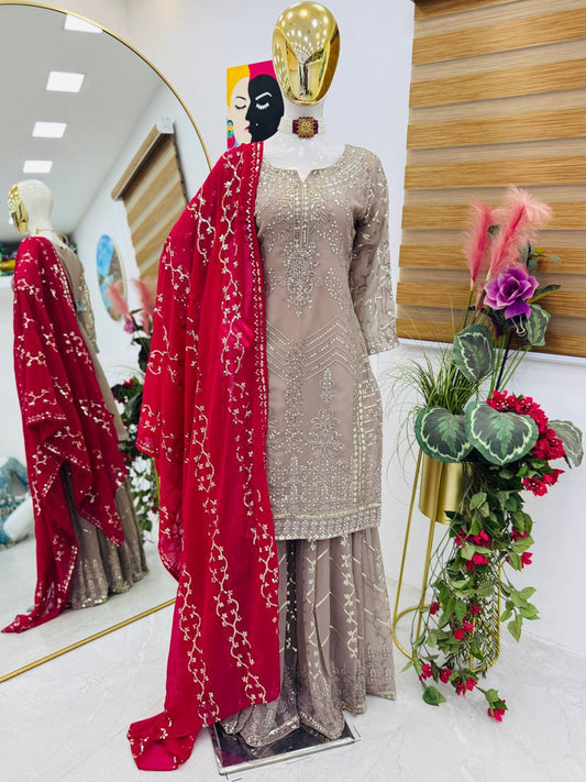 Exclusive Sequence Work Beige Color Sharara Suit With Pink Dupatta