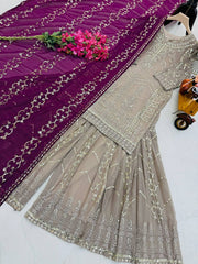 Exclusive Sequence Work Beige Color Sharara Suit With Wine Dupatta Exclusive Sequence Work Beige Color Sharara Suit With Wine Dupatta