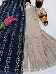 Exclusive Sequence Work Beige Color Sharara Suit With Black Dupatta Exclusive Sequence Work Beige Color Sharara Suit With Black Dupatta