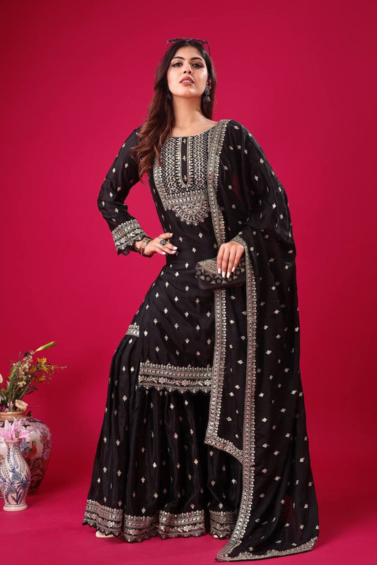 Delightful Chinon Silk Black Color Sharara Suit