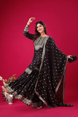 Delightful Chinon Silk Black Color Sharara Suit Delightful Chinon Silk Black Color Sharara Suit