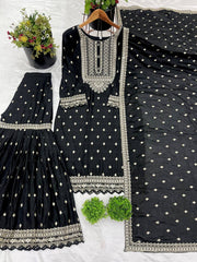 Delightful Chinon Silk Black Color Sharara Suit Delightful Chinon Silk Black Color Sharara Suit