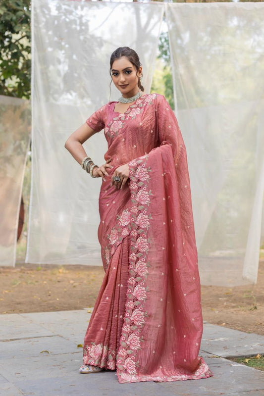 Function Wear Crush Silk Peach Color Saree