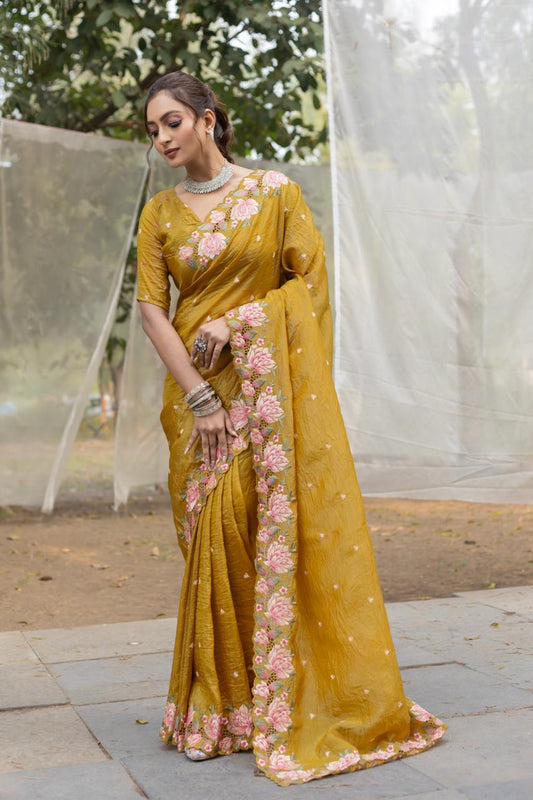 Function Wear Crush Silk Mustard Color Saree