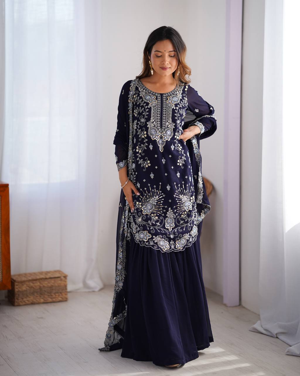 Fantastic Georgette Navy Blue Color Sharara Suit