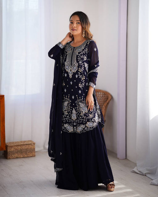 Fantastic Georgette Navy Blue Color Sharara Suit