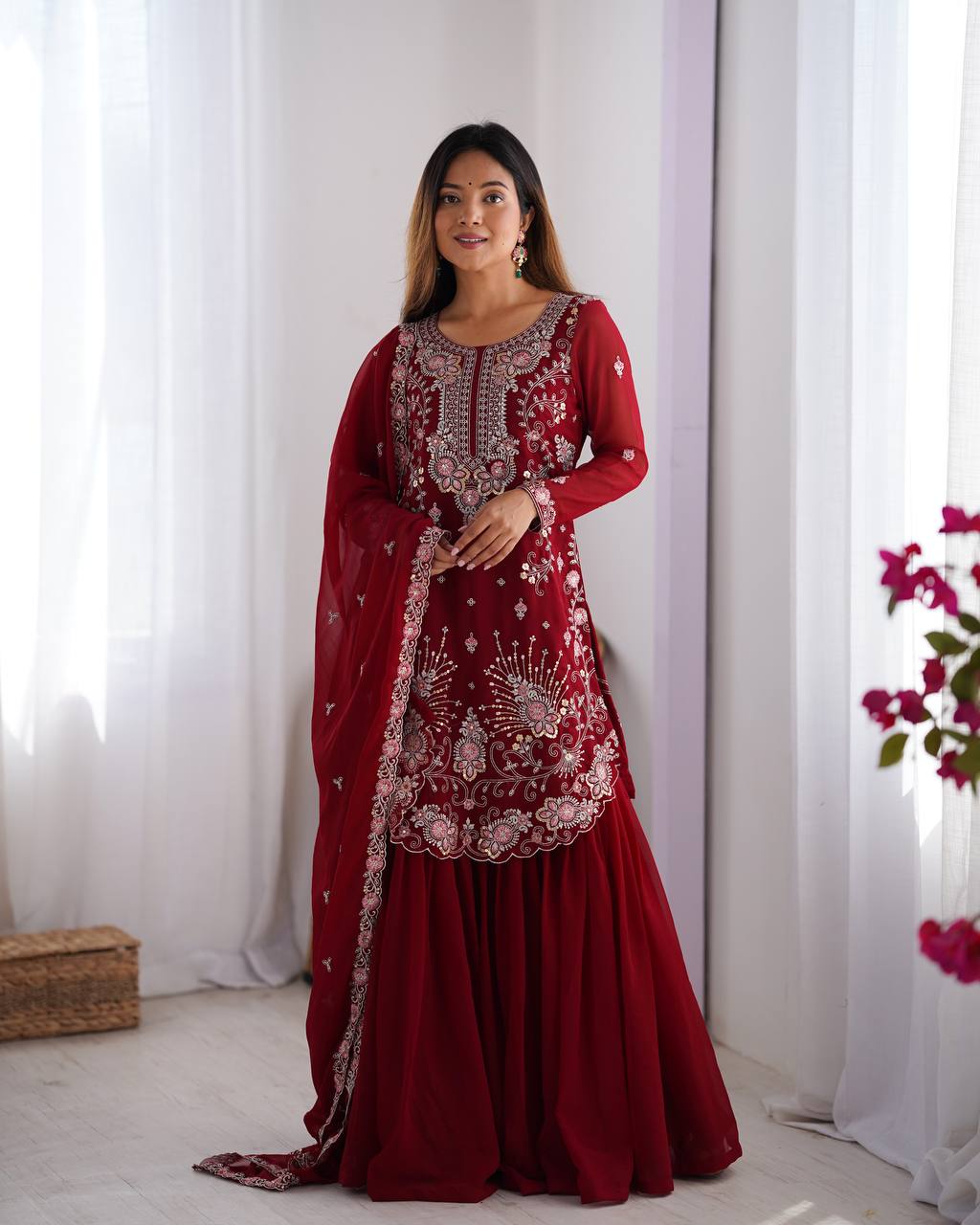 Fantastic Georgette Red Color Sharara Suit