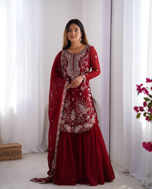 Fantastic Georgette Red Color Sharara Suit