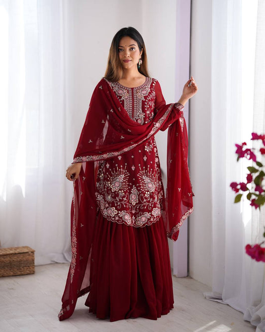 Fantastic Georgette Red Color Sharara Suit