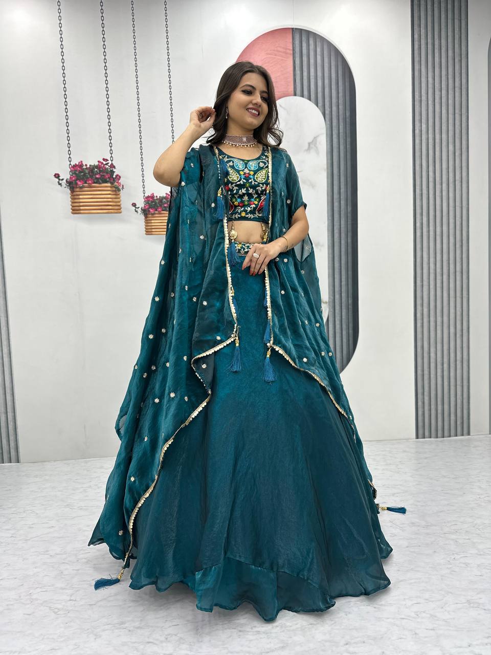 Floral Long Lehenga Dress Georgette Lehenga Long Shrug Bridal Lehenga With Shrug Party Wear Embroidery Work Teal Green Color Lehenga Floral Long Lehenga Dress Georgette Lehenga Long Shrug Bridal Lehenga With Shrug Party Wear Embroidery Work Teal Green Color Lehenga