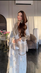 Flattering Chinnon Silk White Color Sharara Suit Flattering Chinnon Silk White Color Sharara Suit