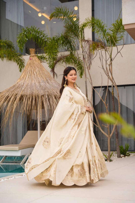 Eyes Catching Sequnce Work Cream Color Gown