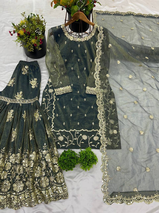 Adorable Heavy Embroidery Work Green Color Sharara Suit