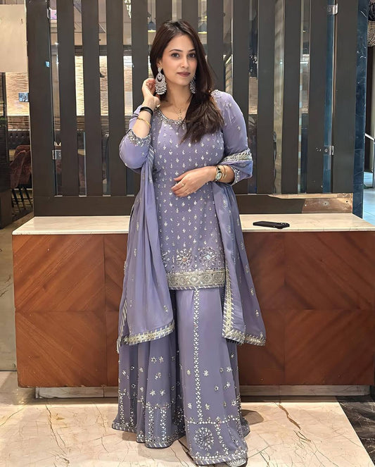 Designer Georgette Lavender Color Palazzo Suit