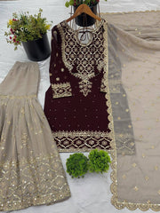Precious Embroidery Sequence Work Maroon Color Sharara Suit Precious Embroidery Sequence Work Maroon Color Sharara Suit