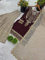 Precious Embroidery Sequence Work Maroon Color Sharara Suit Precious Embroidery Sequence Work Maroon Color Sharara Suit