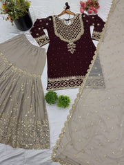 Precious Embroidery Sequence Work Maroon Color Sharara Suit Precious Embroidery Sequence Work Maroon Color Sharara Suit