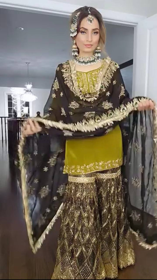 Exclusive Embroidery Work Perrot Color Sharara Suit