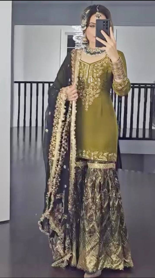 Exclusive Embroidery Work Perrot Color Sharara Suit