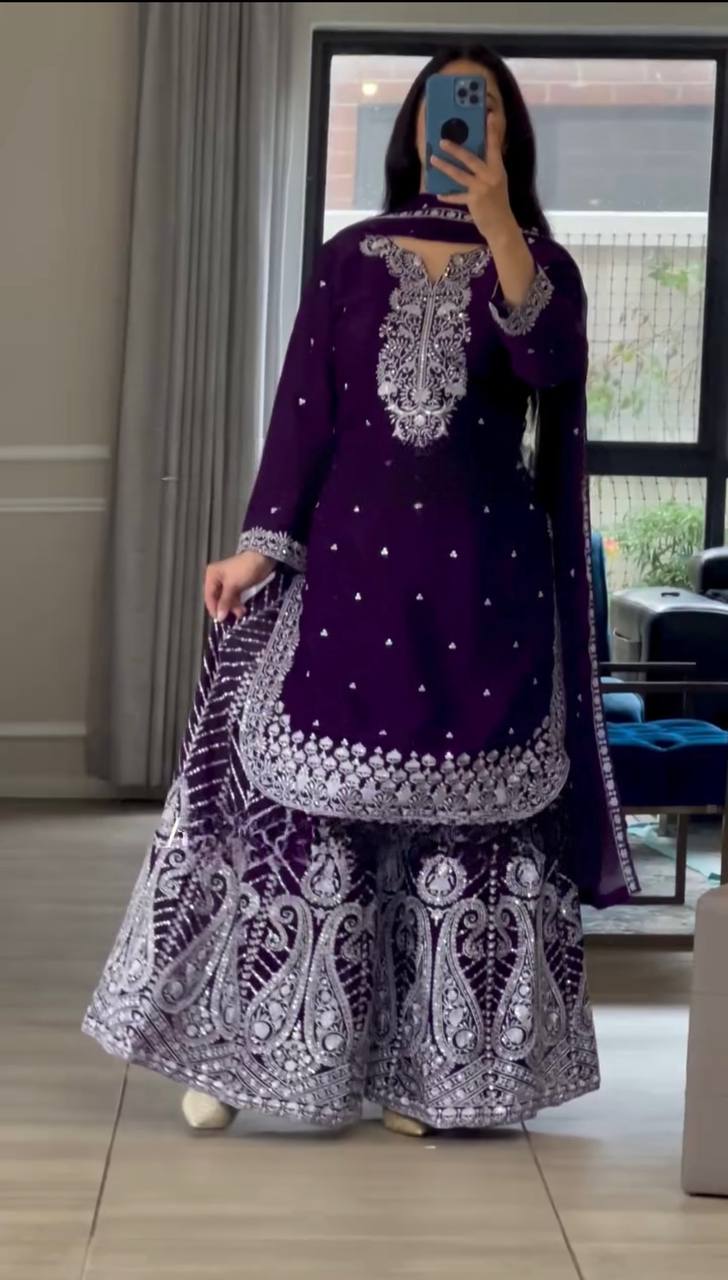 Good Looking Chinnon Silk Purple Color Sharara Suit