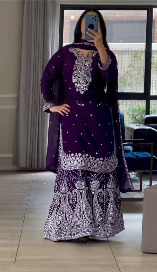 Good Looking Chinnon Silk Purple Color Sharara Suit