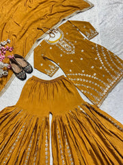 Demanding Embroidery Work Mustard Color Sharara Suit Demanding Embroidery Work Mustard Color Sharara Suit
