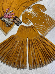 Demanding Embroidery Work Mustard Color Sharara Suit Demanding Embroidery Work Mustard Color Sharara Suit