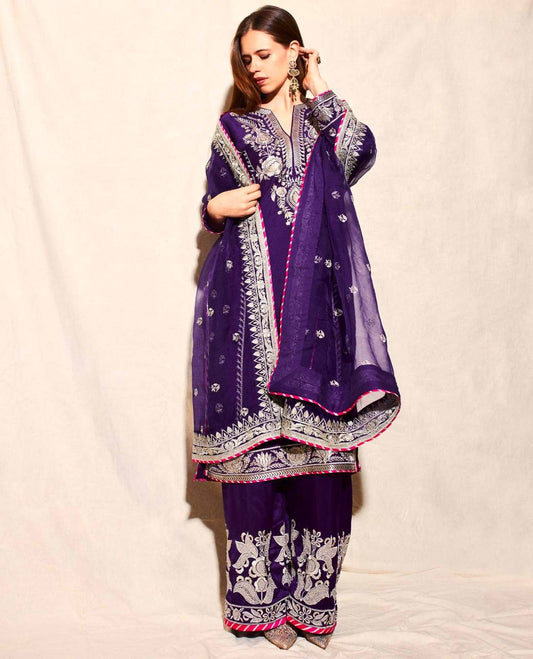 Decent Embroidery Coding Work Purple Color Palazzo Suit