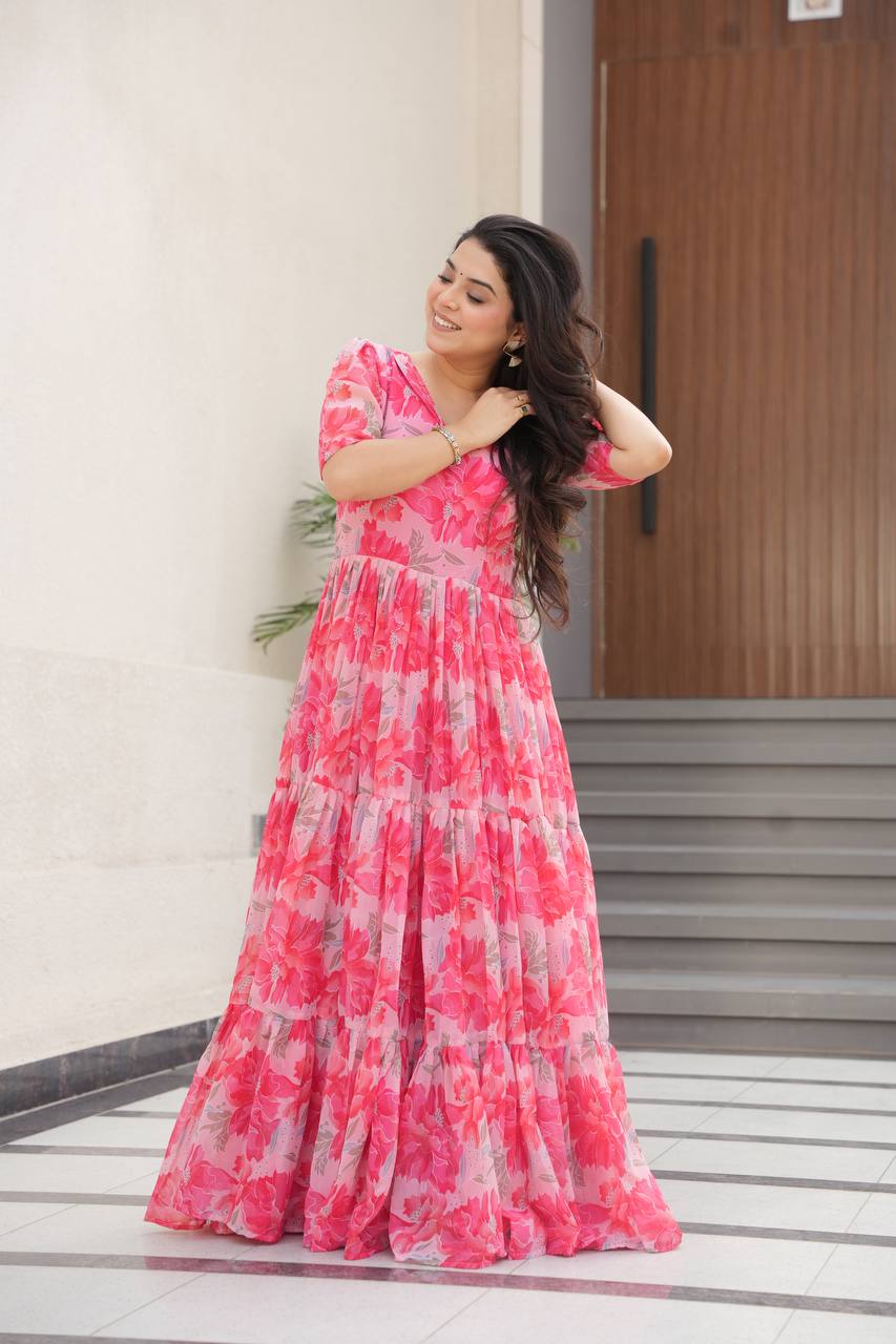 Exclusive Georgette V Neck Peach Color Gown