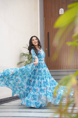 Exclusive Georgette V Neck Sky Blue Color Gown Exclusive Georgette V Neck Sky Blue Color Gown