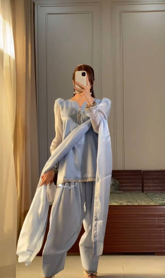 Unique Embroidery Work Grey Color Palazzo Suit