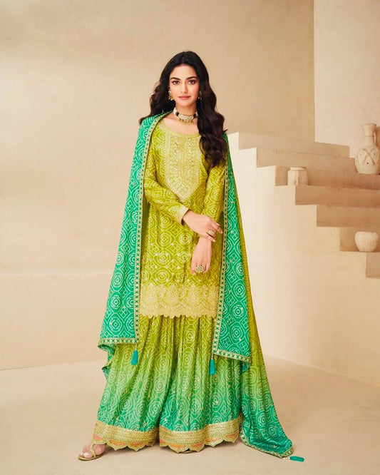 Exclusive Chinon Silk Green Color Sharara Suit