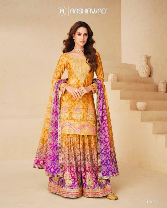 Exclusive Chinon Silk Mustard Color Sharara Suit