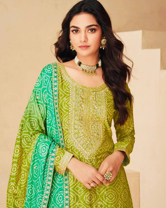 Exclusive Chinon Silk Green Color Sharara Suit