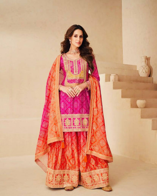 Exclusive Chinon Silk Pink Color Sharara Suit