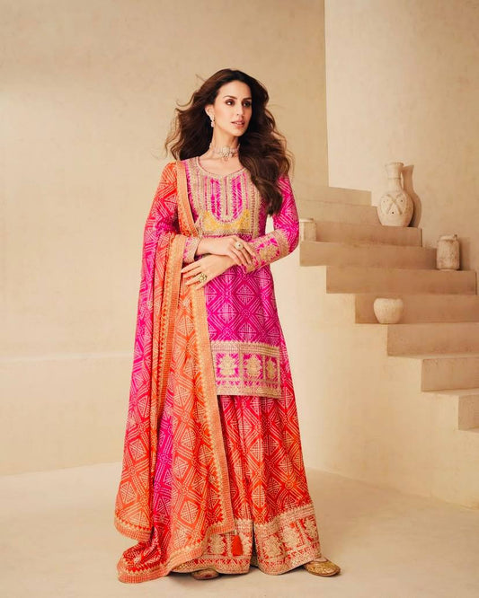 Exclusive Chinon Silk Pink Color Sharara Suit