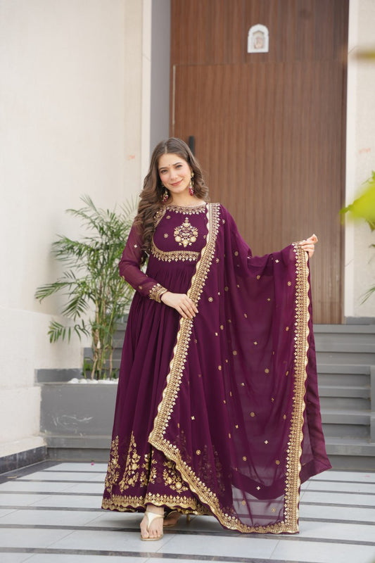 Wine Color Embroidery Sequence Work Fancy Gown