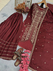 Superhit Chinon Silk Maroon Color Sharara Suit Superhit Chinon Silk Maroon Color Sharara Suit