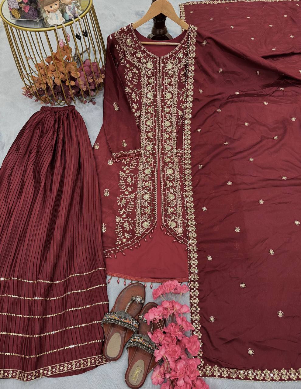Superhit Chinon Silk Maroon Color Sharara Suit