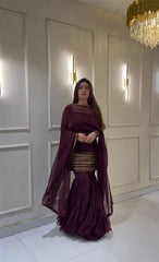 Delightful Embroidery Work Wine Color Sharara Suit Delightful Embroidery Work Wine Color Sharara Suit