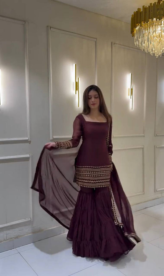 Delightful Embroidery Work Wine Color Sharara Suit
