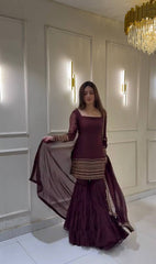 Delightful Embroidery Work Wine Color Sharara Suit Delightful Embroidery Work Wine Color Sharara Suit