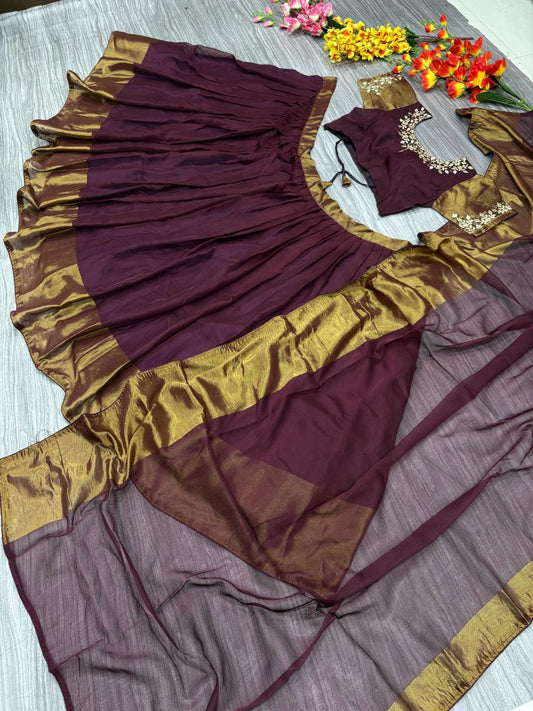 Shining Marron Color Chiffon Jari Patta Lehenga Choli