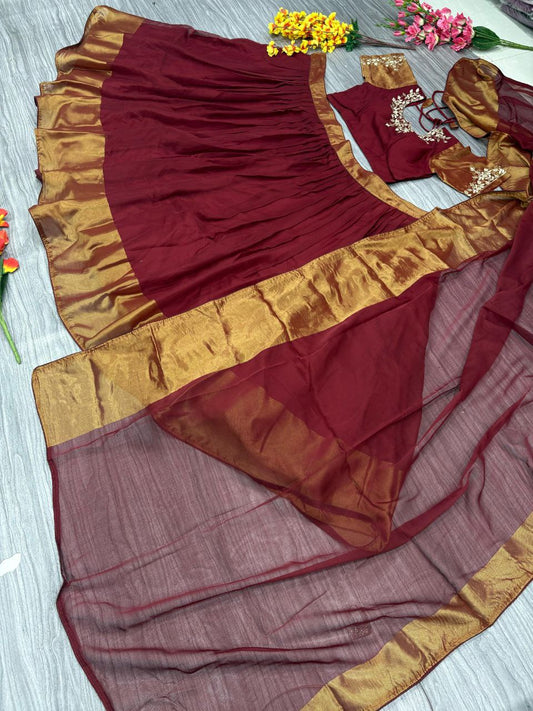 Shining Red Color Chiffon Jari Patta Lehenga Choli