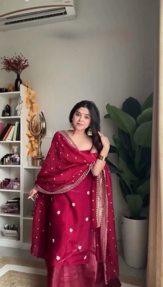 Glorious Sequence Work Red Color Palazzo Suit