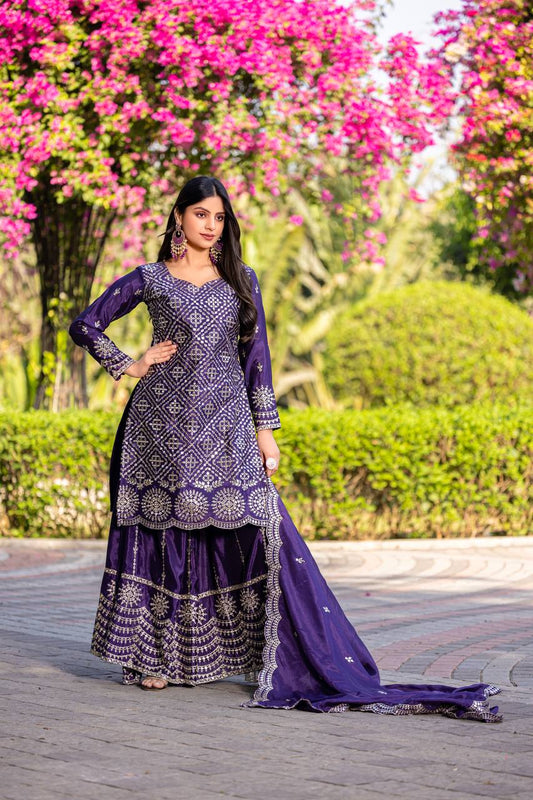 Attractive Sequence Work Purple Color Palazzo Suit
