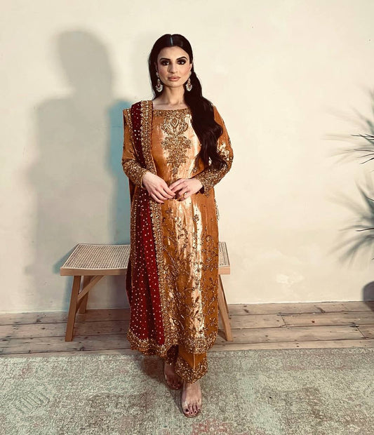 Heavy Embroidery Sequence Work Beige Color Salwar Suit