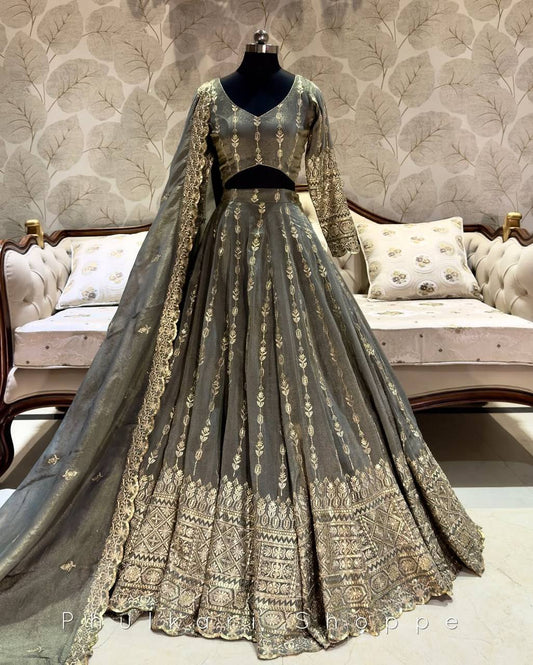 Good Looking Embroidered Work Grey Color Lehenga Choli