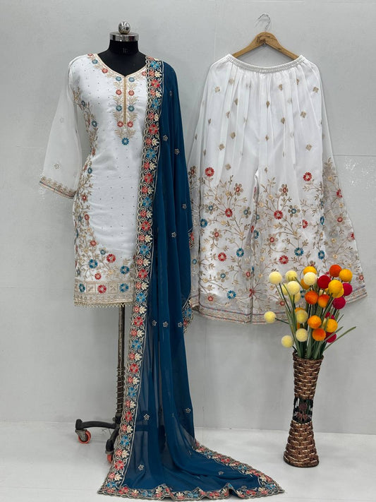 Glimmering White Color Work Sharara Suit With Blue Dupatta
