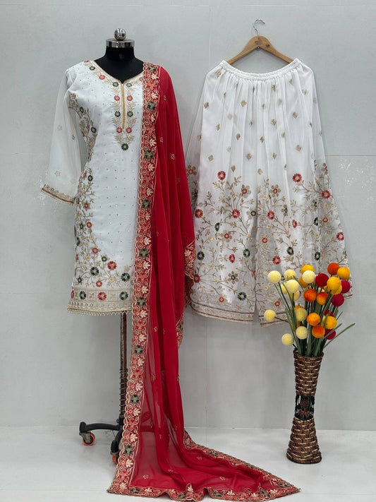 Glimmering White Color Work Sharara Suit With Red Dupatta